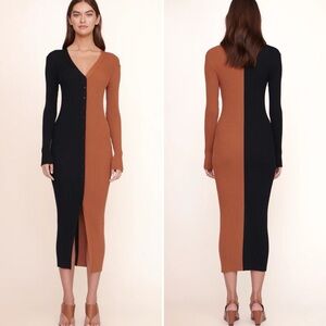 STAUD Shoko Colorblock Midi Dress Small black brown camel ribbed button cardigan